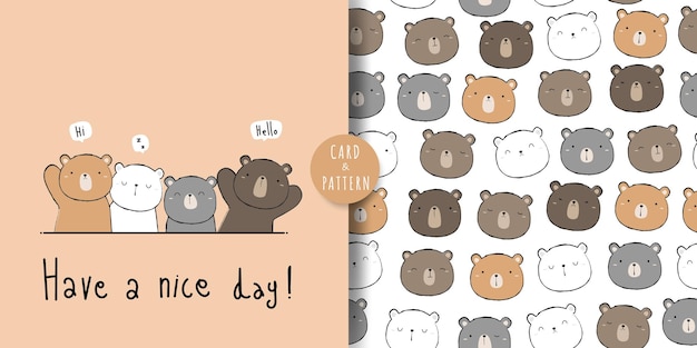 Set of cute teddy and polar bear friends greeting cartoon doodle card and seamless pattern