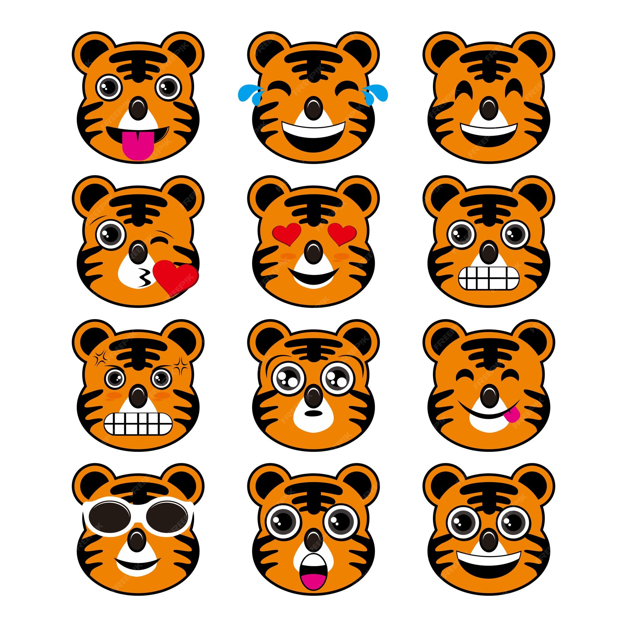 Tiger emoji different mood collection set vector. Cool jungle cat animal  smiling and laughing with teeth and cute eyes, sad and angry, sleeping and  ki Stock Vector Image & Art - Alamy