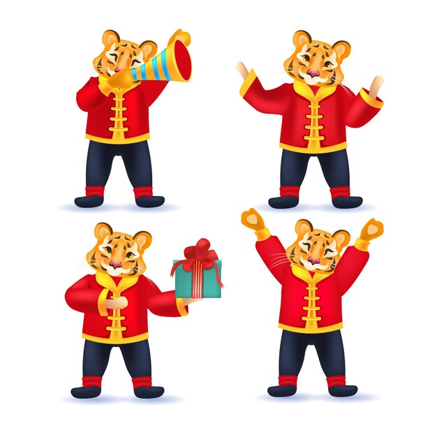 Set cute tigers collection happy new year merry christmas holiday celebration concept