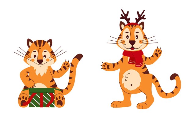 Set of cute tigers for congratulations cards posters Cartoon illustration symbol of Chinese 2022