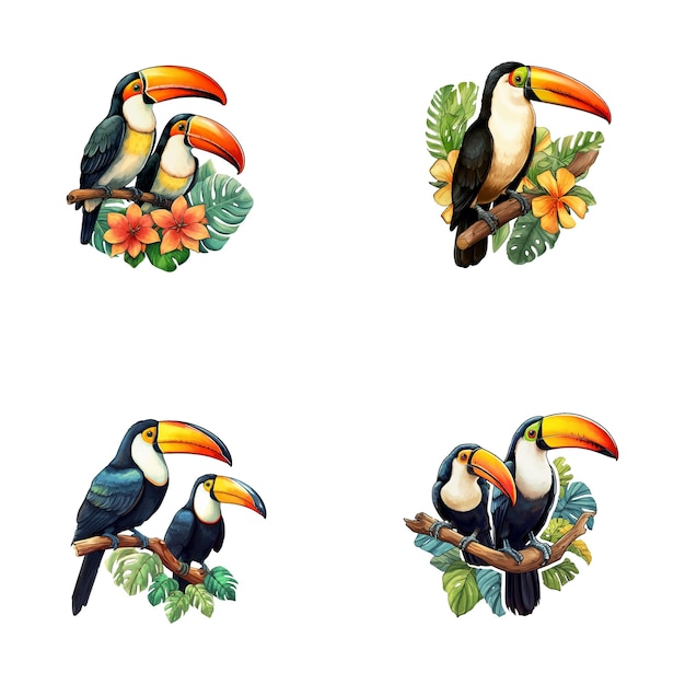 Set di carine acquerelle di tucani illustrazioni di safari animali della giungla vettore
