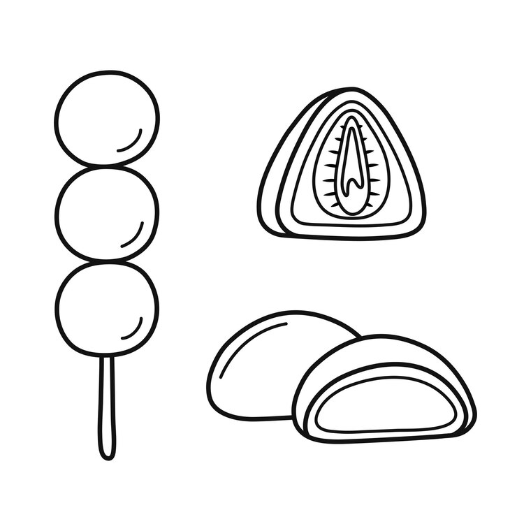 Set of cute traditional japanese dessert. Dango, mochi and daifuku. Asian sweet food. Doodle style.