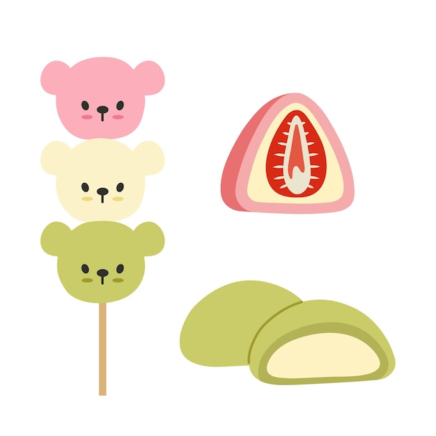 Vector set of cute traditional japanese dessert. dango, mochi and daifuku. collection of asian sweet food.