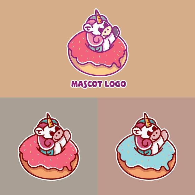 Set of cute unicorn donut mascot logo with optional apprearance.