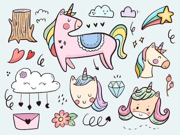 Vettore set di simpatico cartone animato di doodle di unicorno per bambini da colorare e stampare