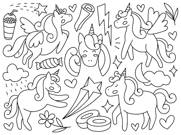 Set di cute unicorn doodle line art collection