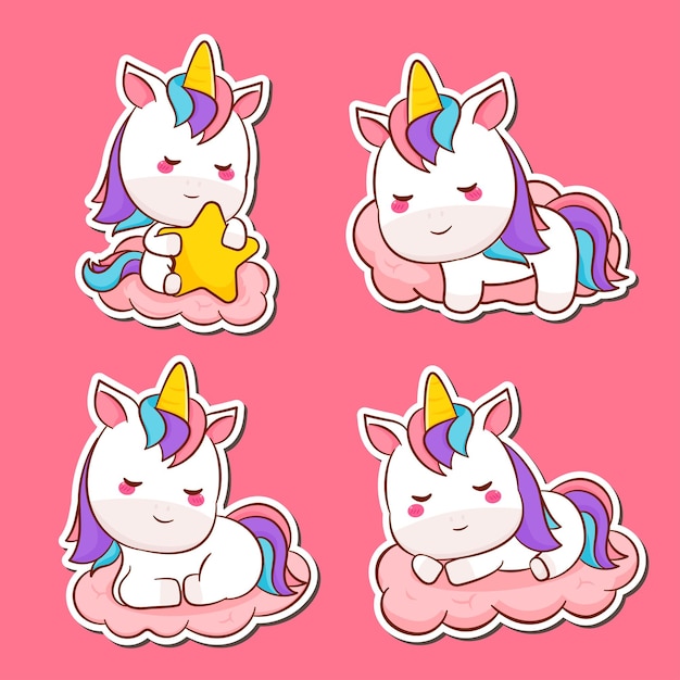 Vector set cute unicorn sticker. kawaii unicorn cartoon character collection. animal flat cartoon style.