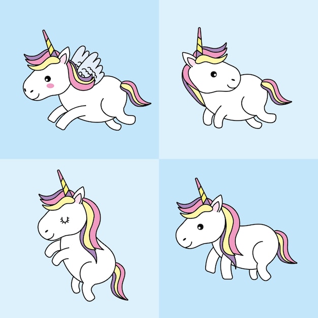 Set cute unicorn with hair and horn