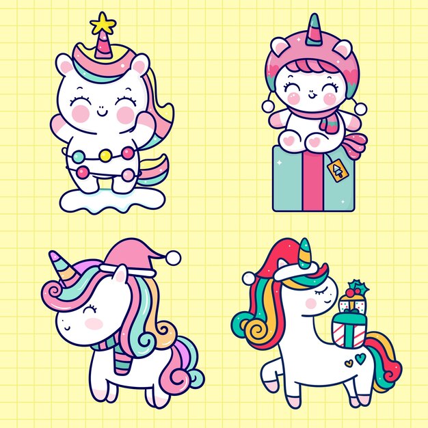 Set of cute unicorns in different poses Hand drawn vector illustration