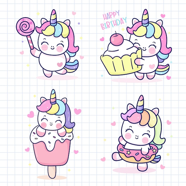 Set of cute unicorns in different poses Hand drawn vector illustration