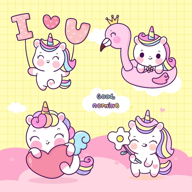 Set of cute unicorns in pastel colors Vector illustration