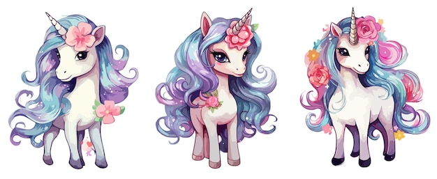 Set of cute unicorns with long hair and flowers Vector illustration