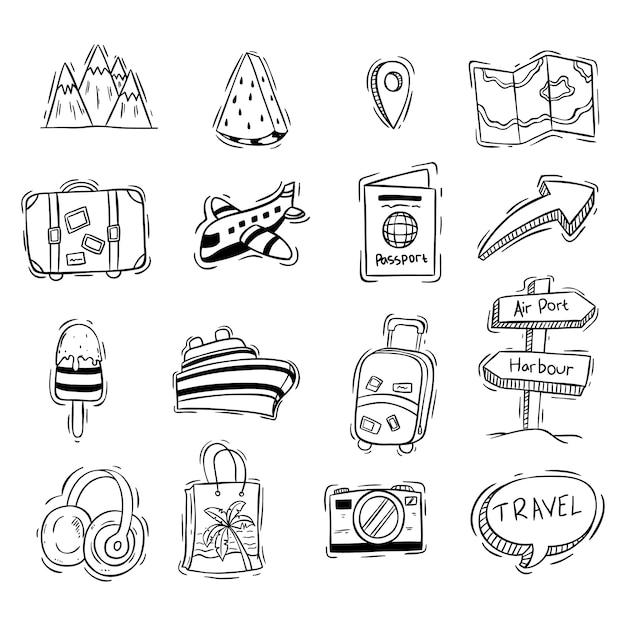 Set of cute vacation or travel icons with doodle style