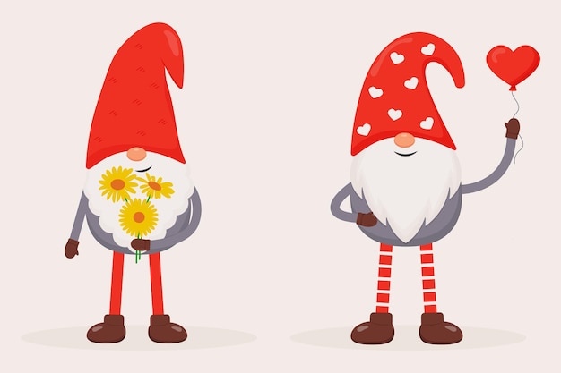 Set of cute valentine gnomes flat vector illustration for st valentines day gift