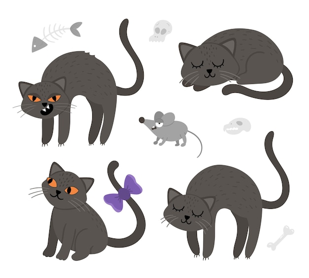 Vector set of cute vector black cats and mouse. halloween characters icons collection. funny autumn all saints eve illustration with scary animals, sculls, bones. samhain party sign design for kids.