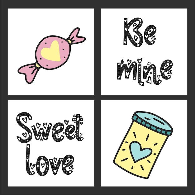 Vector set of cute vector cards for st valentine's day with illustrations and lettering messages