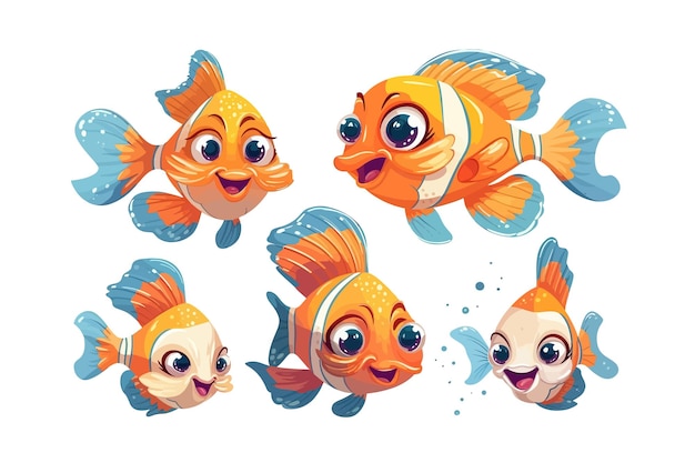 Set of cute vector cartoon fish for aquarium game isolated on background Cartoon vector illustration