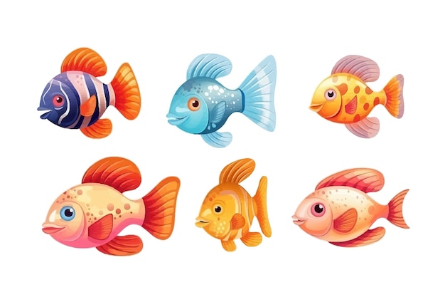 Set of cute vector cartoon fish for aquarium game Vector cartoon flat elements isolated on background