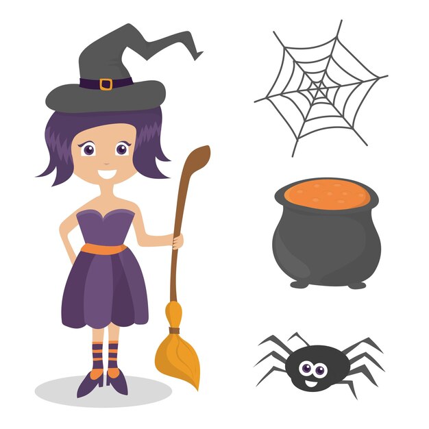 Set of cute vector halloween elements, objects and icons for your design - vector spider webspider witch cauldron