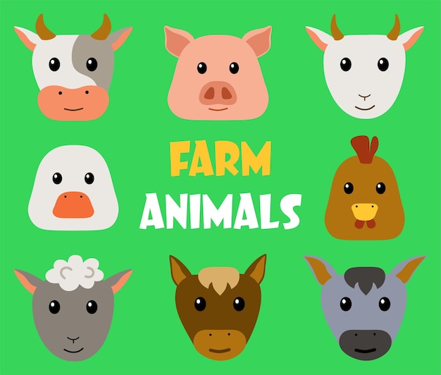 Set of cute vector heads of farm animals isolated on green background