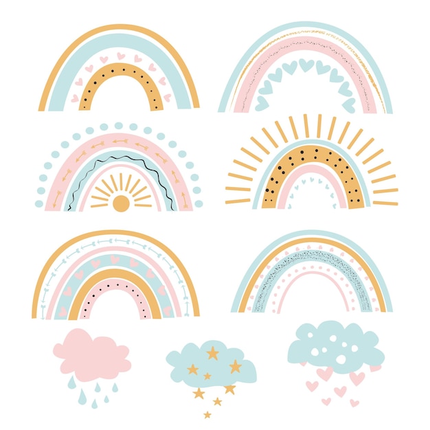 Vector set of cute vector rainbows in pastel shades clouds with stars hearts raindrops