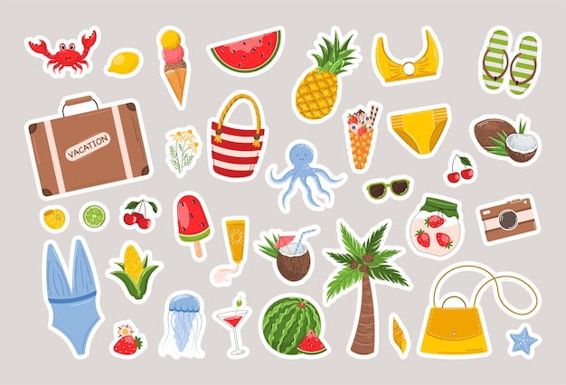 Набор милых векторных летних наклеек для дневника Коллекция элементов скрапбукинга для пляжной вечеринки