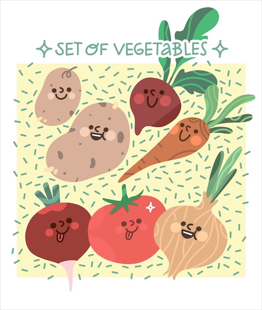 Vector set of cute vegetables with funny faces