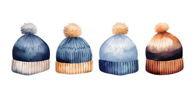 Premium Vector | Set of cute watercolor beanie hat with pompom clipart ...