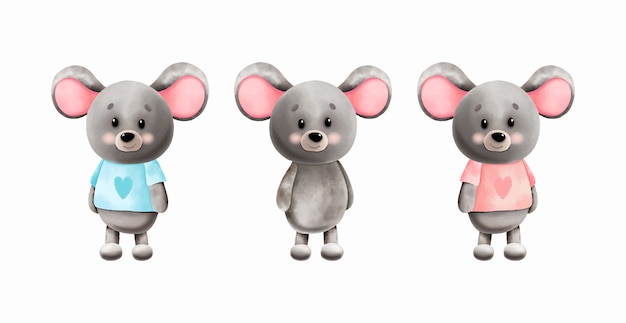 Vector set of cute watercolor mice. children's illustration.