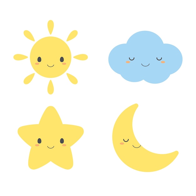 set of cute weather element icons including sun cloud star and moon
