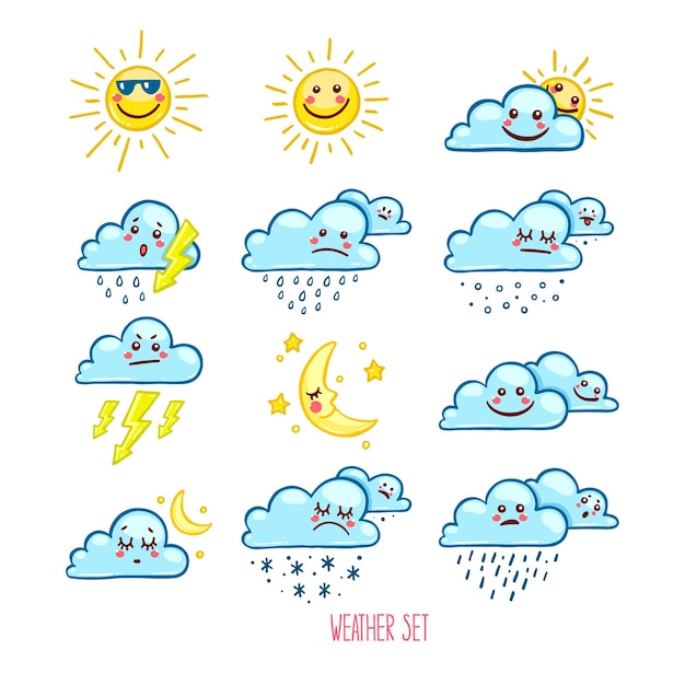 Set di icone meteo carino. illustrazione disegnata a mano