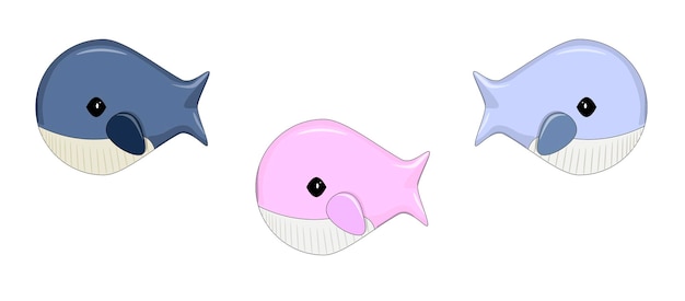 A set of cute whales on a white background Childrens illustration of animals in a cartoon style