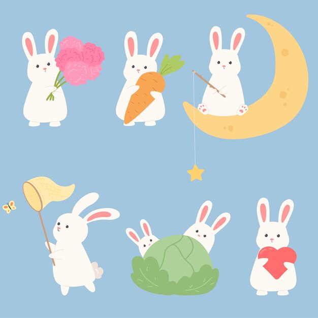 Vector set of cute white rabbit with clover heart vegetables moon butterfly net cartoon childish elements