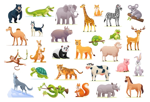 Set of cute wild animals in cartoon style