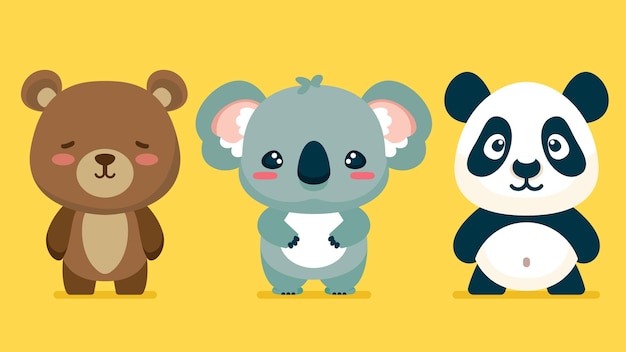 Set of cute wild animals panda koala grizzled bear safari jungle animals flat vector illustratio