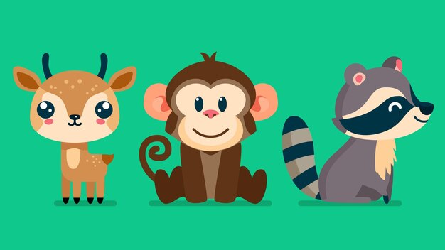 Set of cute wild animals raccoon monkey gazelle safari jungle animals flat vector illustration