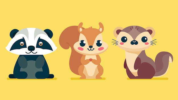 Set of cute wild animals weasel squirrel raccoon Safari jungle animals flat vector illustration