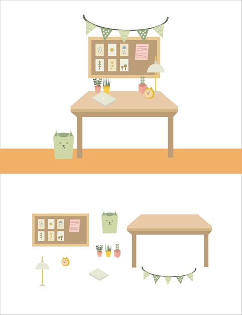 Vector set of cute work room vector.