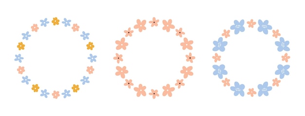 Set of cute wreaths with tiny flowers isolated on white background hand drawn flat illustration