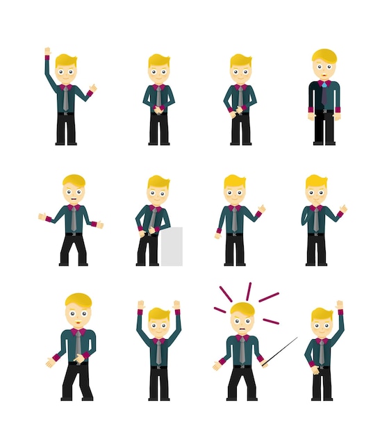 白で隔離かわいい若いビジネスマン キャラクター ポーズのセット