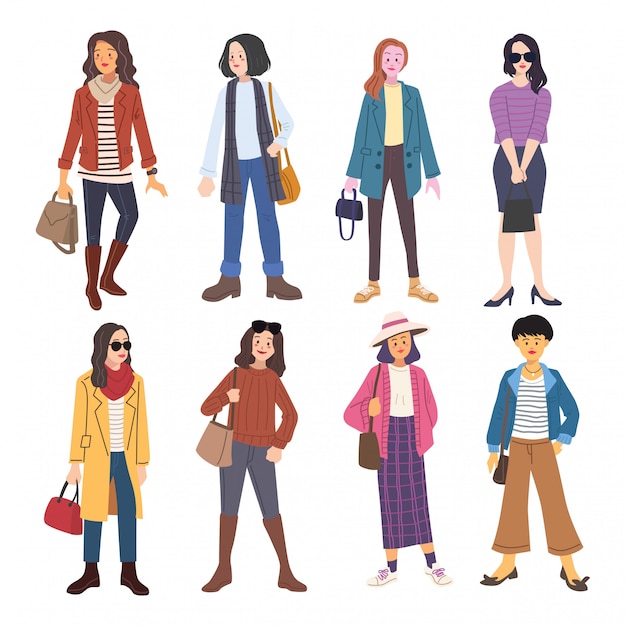 Vector set of cute young woman dressed in trendy clothes