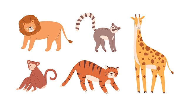 Set di simpatici zoo o animali selvatici. leone, bradipo, giraffa, scimmia e tigre. raccolta di mammiferi terrestri isolati su sfondo bianco. fauna esotica. illustrazione vettoriale piatta colorata infantile.