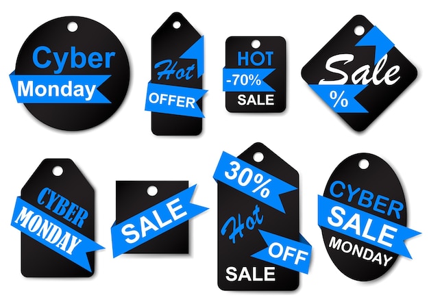 Vector set of cyber monday sale labels and tags in black and blue colors