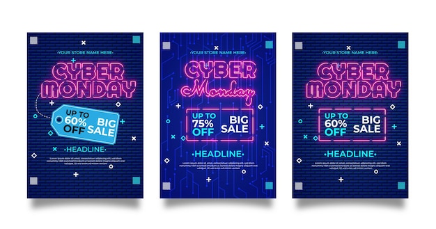 Set of Cyber Monday Sale special offer poster with neon style and brick wall Background