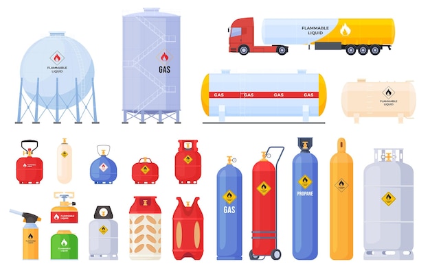 A set of cylinders for transporting and storing flammable gas substances Vector illustration