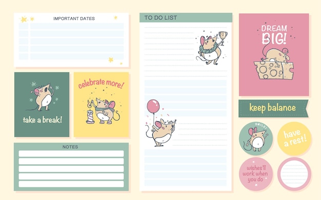 Vector set of daily calendar planner page card stickers design template for children cute hand drawn little mouse character motivation sayings flat lay pastel color back to school vector illustration