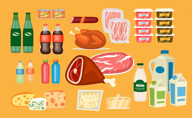 Vector set of daily food products in flat style