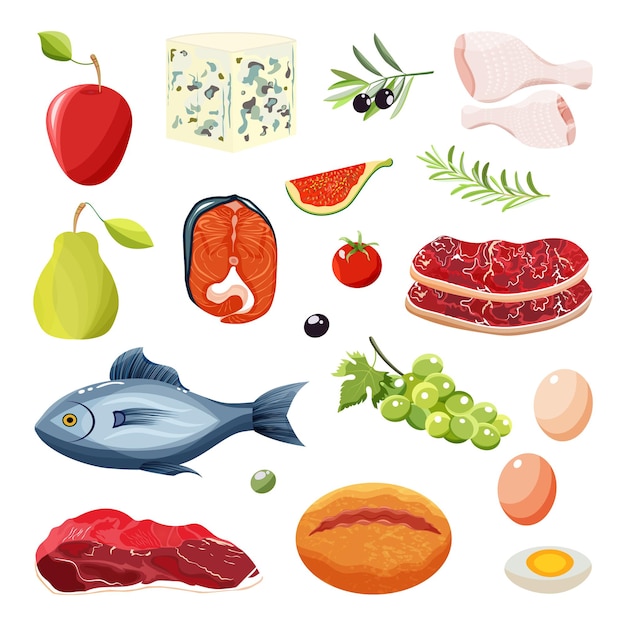 Vector set of daily products fish meat chicken fruits meat eggs