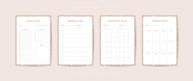 Set of daily weekly monthly and yearly planner minimalist template with terrazzo pattern