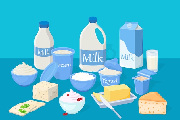 青い背景の乳製品のセットミルクカッテージチーズバターサワークリームのイラスト